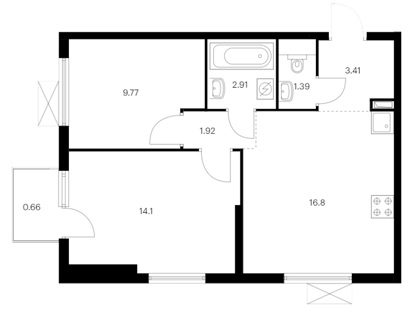 2-комнатная квартира 50.96 м², 11/15 эт., ЖК «Заречный парк»